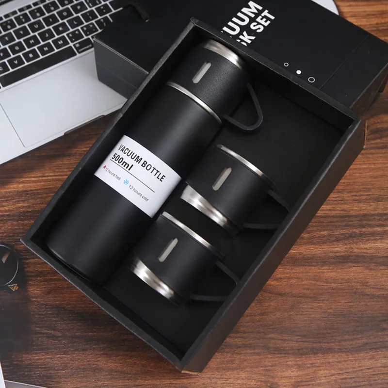 Vaso térmico de acero inoxidable (negro, 500 ml), juego de 3 piezas, doble aislamiento, ideal para la oficina y los viajes.