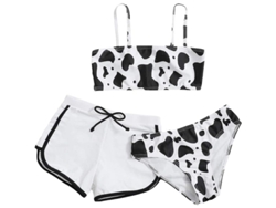 2026-traje De Baño 3 Piezas Para Niñas Estampado De Vaca Con Shorts Suave Y Cómodo Poliéster Transpirable Elástico Sostenible Ideal Para Verano