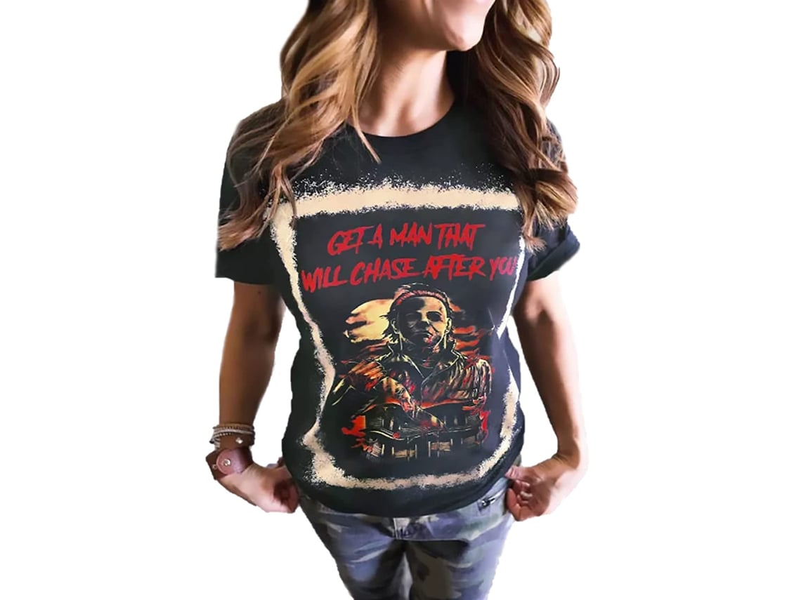 Camiseta Rebe-Halloween com estampa de filme de terror para mulheres, gola redonda, manga curta, estilo casual, preta, tamanho GG.