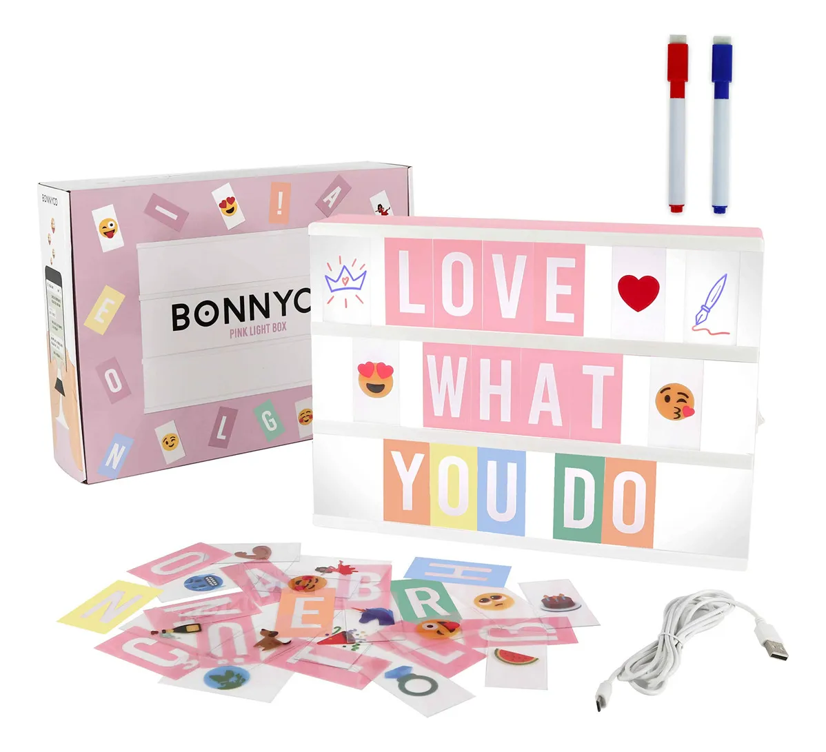 Caja de luz Bonnyco Pink Cinema con 400 letras y emojis