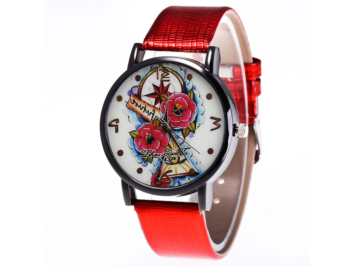 Reloj De Cuarzo Con Correa De Cuero Pu Para Unisex Con Dial Redondo Y Patrón Floral (rojo)
