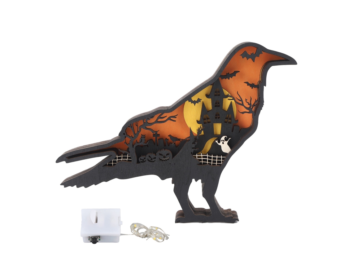Adorno de madera tallada Baok con luz: Arte animal de madera 3D hecho a mano con luces para decoración de Halloween: Cuervo