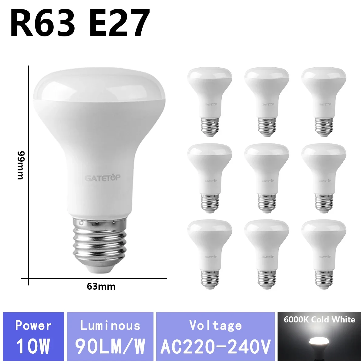 (r63 6000k, Ac220v-240v) 10 Bombillas Led De Alto Brillo, Aptas Para Iluminación De Baño, Sin Parpadeo, Para Uso Doméstico.