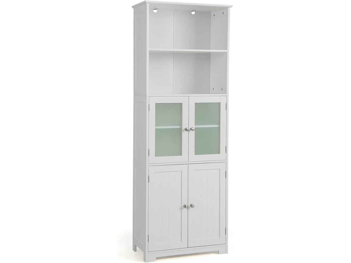 Armario Alto de Baño de 163 cm, Aparador de Suelo Independiente con 2 Gabinete, 2 Compartimentos Abiertos & Estantes Ajustables (Blanco) COSTWAY