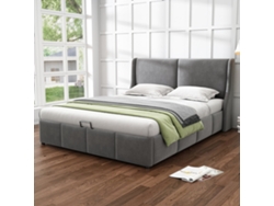 Cama Doble Acolchada 140x200cm, Cabecero Con Orejas Y Cojines, Baúl Hidráulico, Somier Incluido, Gris