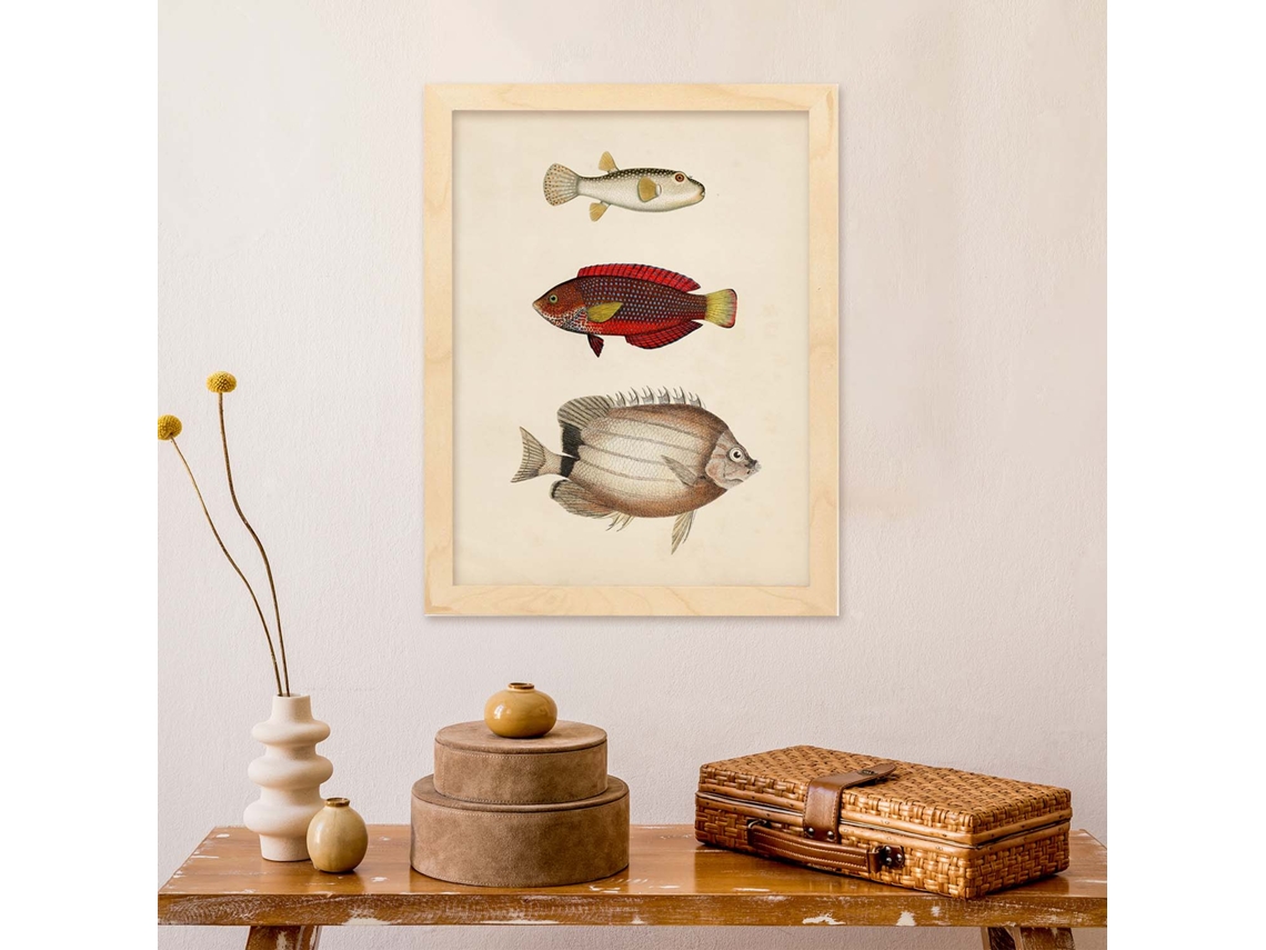 Póster NACNIC de Tres Peces Beige, Rojo, Amarillo y Blanco en , Fondo Papel Vintage.