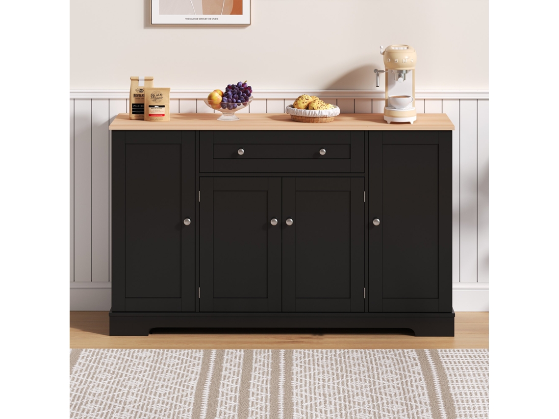 Aparador multifuncional de 138 cm con cajón, puertas con estantes ajustables y diseño moderno con sistema antivuelco. Color negro natural.