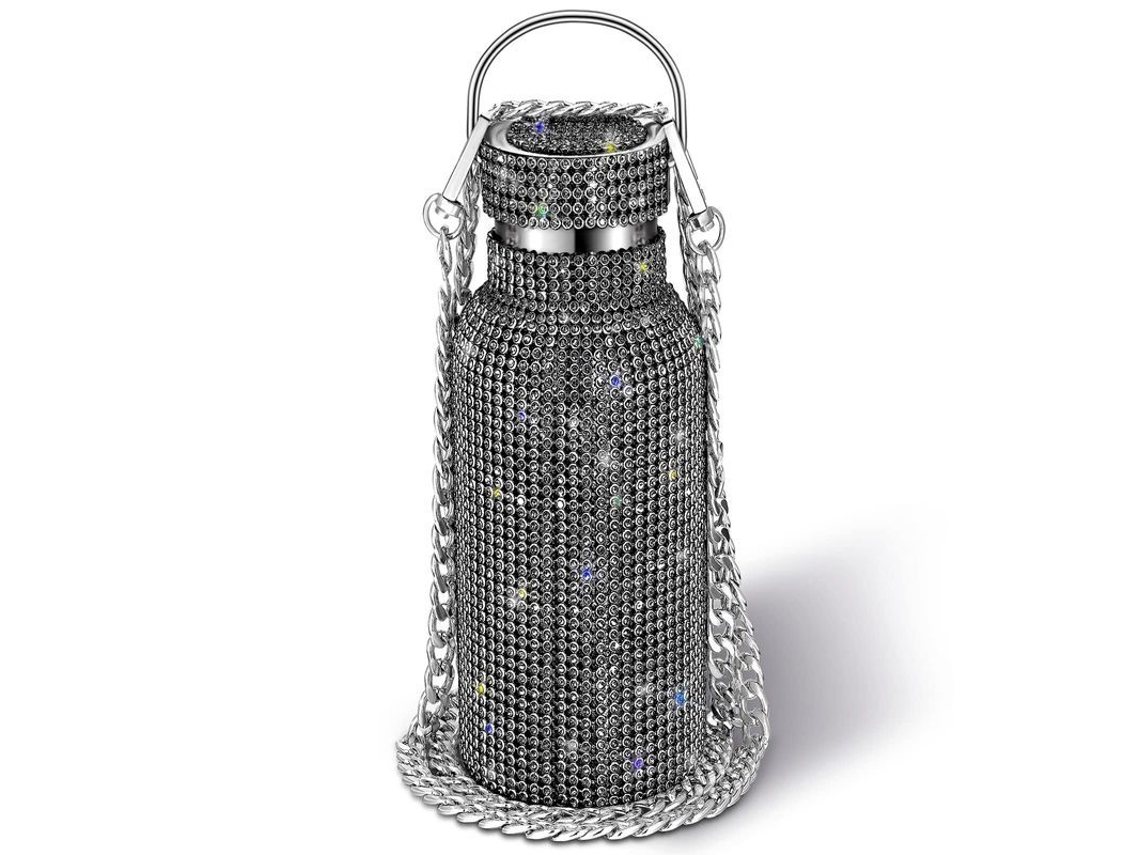 Botella térmica Rebe de acero inoxidable con piedras brillantes, Linjou 500ml, negra.