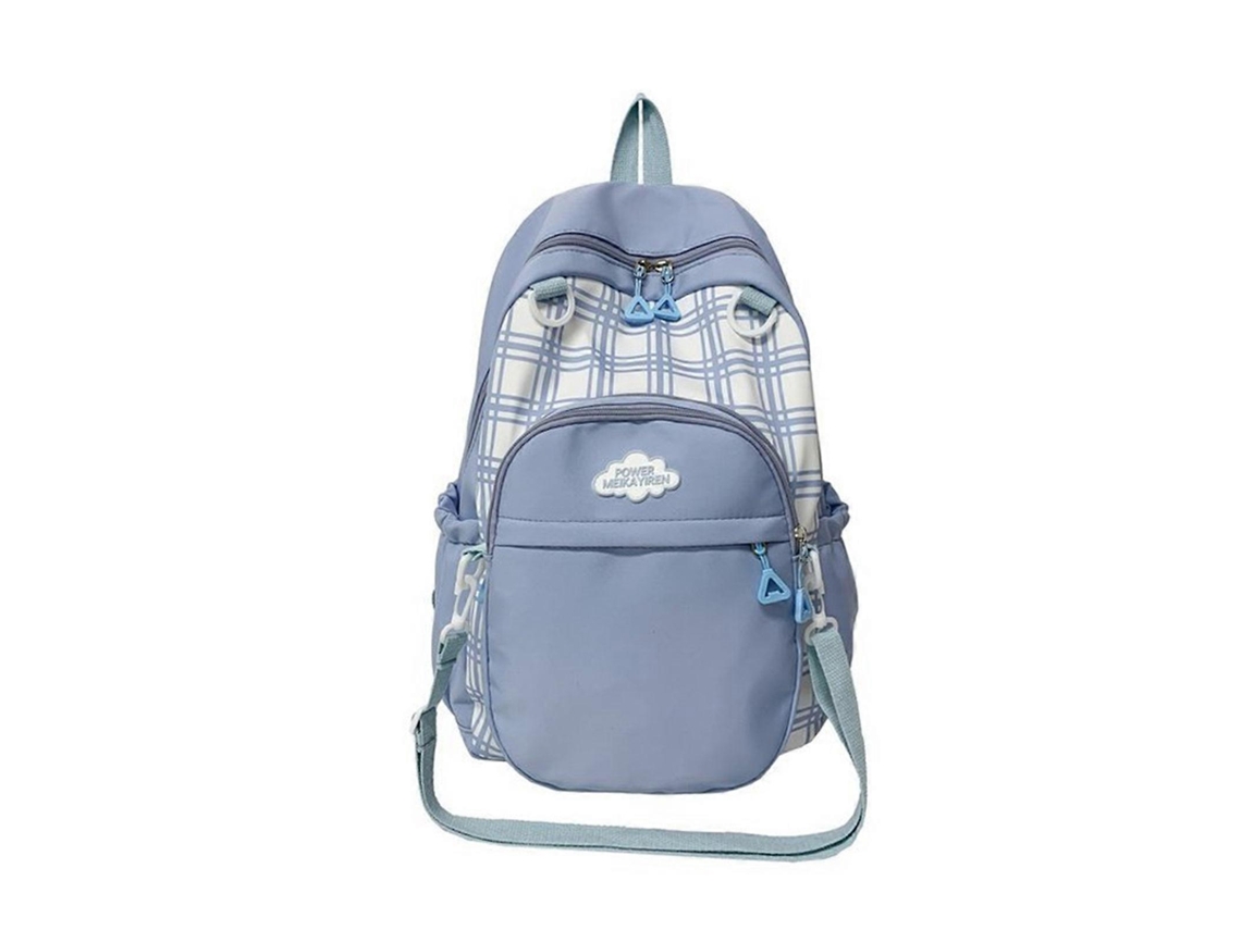 Mochila escolar japonesa grande con ventana transparente, estampado a cuadros y cómoda correa para el hombro, azul.