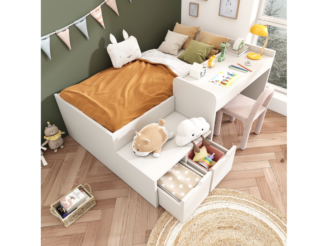 Cama Infantil De Madera De 90x200 Cm Con Escritorio Y Cajones, Multifuncional.