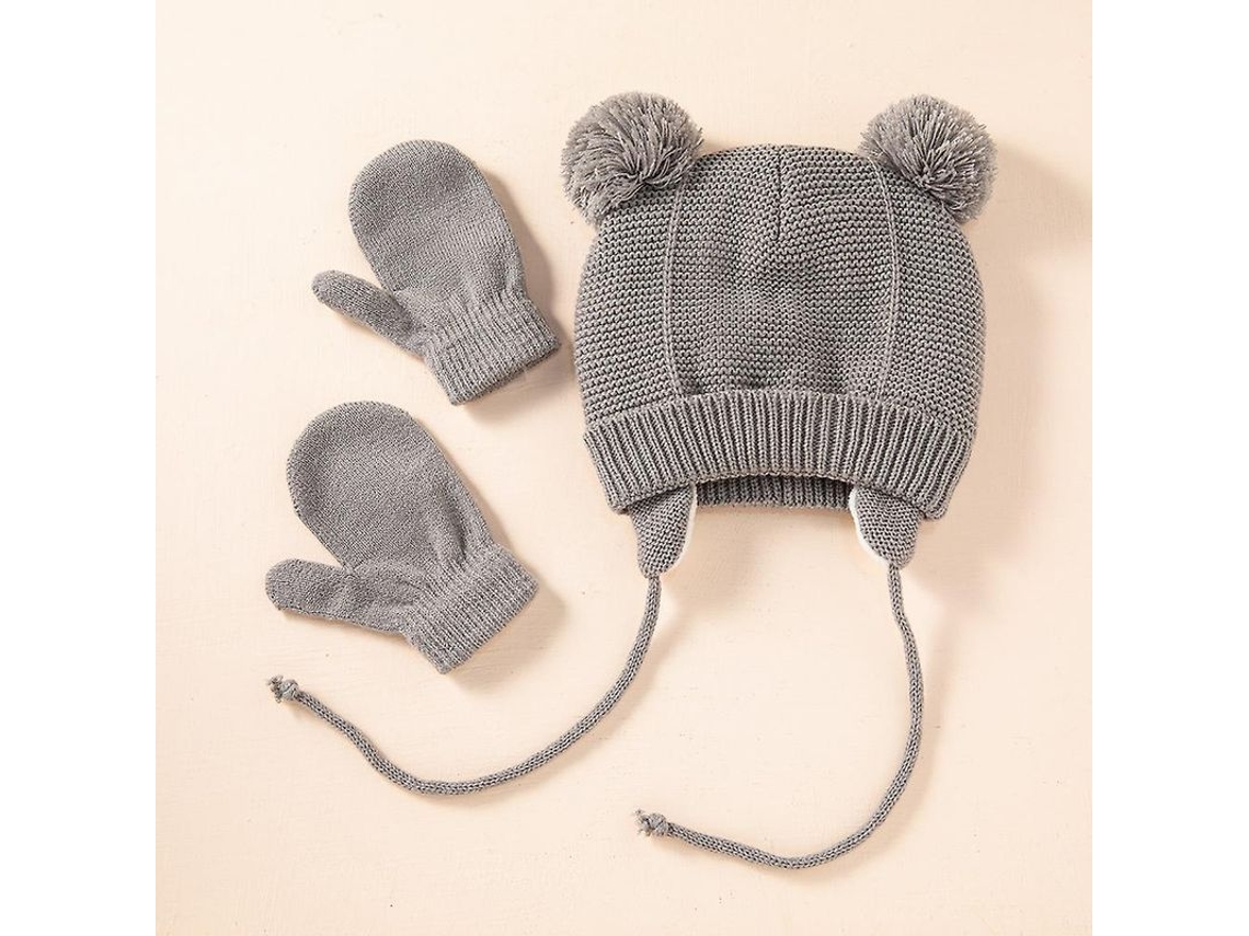 Gorro De Lana Con Guantes Cálidos Y Esponjosos, Conjunto De 2 Piezas Para Bebés De 1 A 3 Años, Estampado Invernal Informal Con Pompón De Pelo.