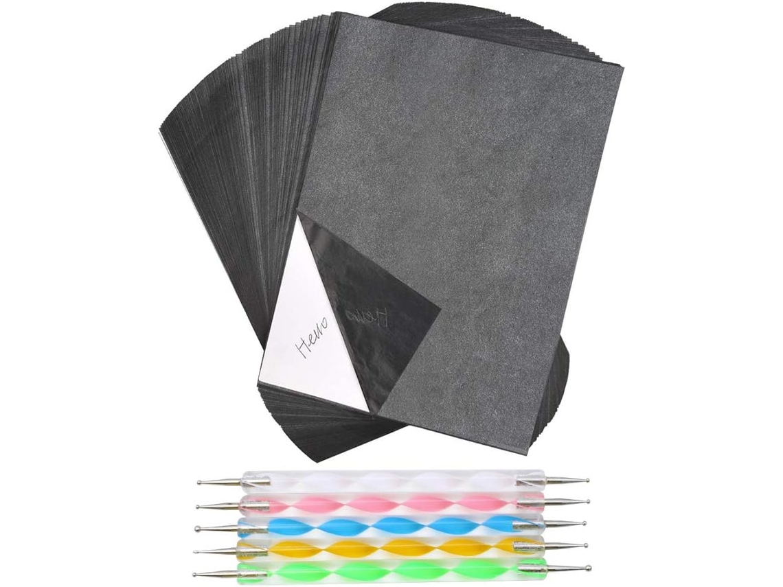 RNEMITERY 100 Hojas de Papel Carbón A4, Papel de Grafito para Transferir, Papel Tracing y Set con Bolígrafo para Repujado - Ideal para Madera, Papel, Lienzo y O