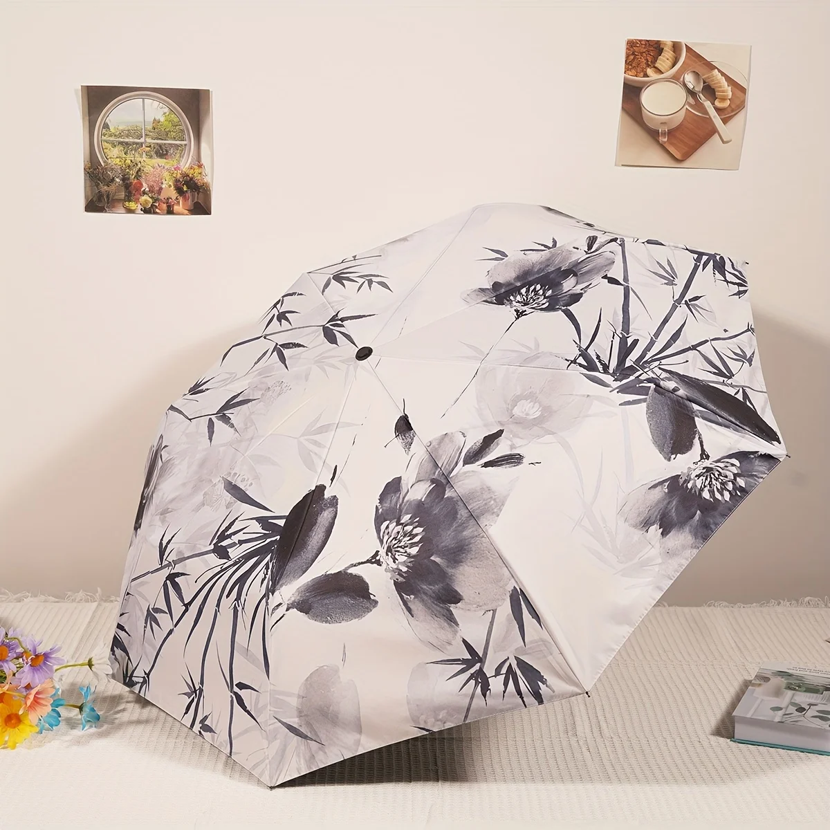 Paraguas Plegable Automático (bambú Tinta), Con Estampado De Bambú Con Tinta China, Resistente A La Lluvia, Al Sol Y Con Protección Uv.