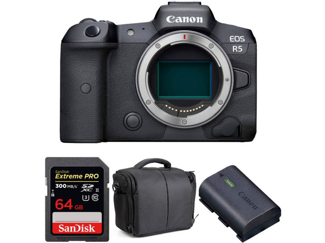 Kit Cámara CANON EOS R5 + SanDisk 64 GB + Batería + Bolsa (Full-Frame)