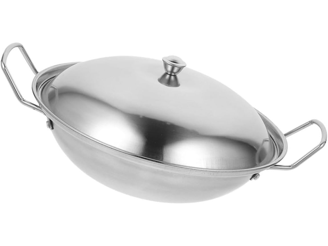Sartén wok de acero inoxidable de 28 cm con tapa y doble asa. Ideal para cocinar.