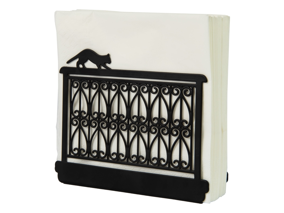 Servilletero original con diseño de gato en balcón Servilletero de mesa negro Soporte para servilletas de metal Porta servilletas de cocina de 15x4x12 cm FISURA
