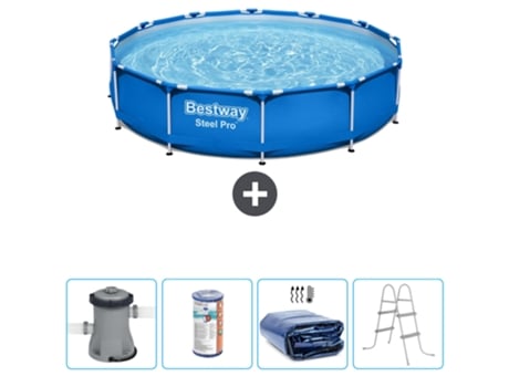 Piscina BESTWAY Round Steel Pro - 305 x 76 cm - Azul - Bomba incluida Filtrar - Vela solar - Escalera