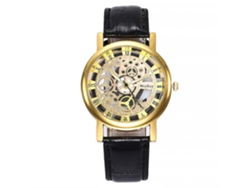 Reloj De Pulsera De Cuarzo Con Números Romanos Y Dial Hueco De Aleación Mcykcy (cinturón Negro Dial Oro)