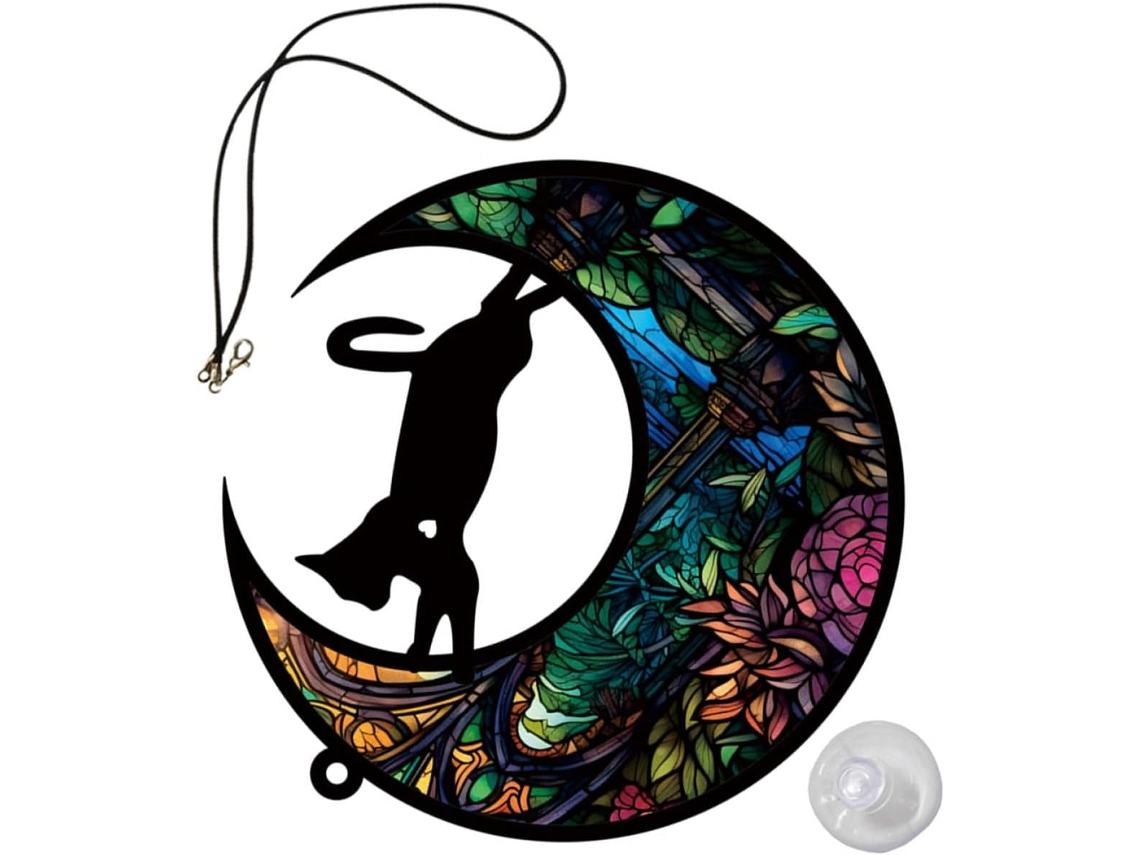 Adorno Colgante De Gato Con Luna, Hecho De Acrílico. Colgante De Gato Colorido Con Sistema Para Colgar, Para Jardín Y