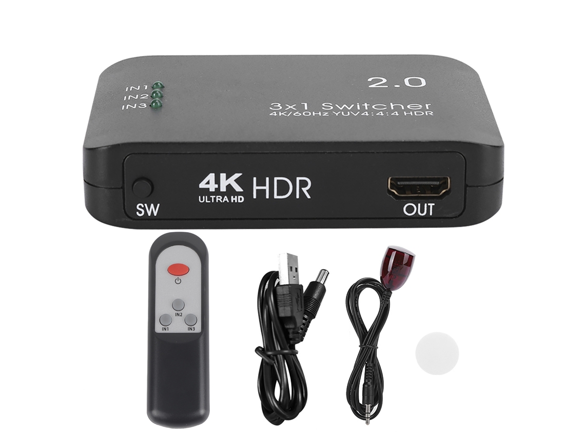 Comutador Hdmi 3 Entradas 1 Saída 4k 60hz Com Controle Remoto Ir Abs Indicador Led Hdtv