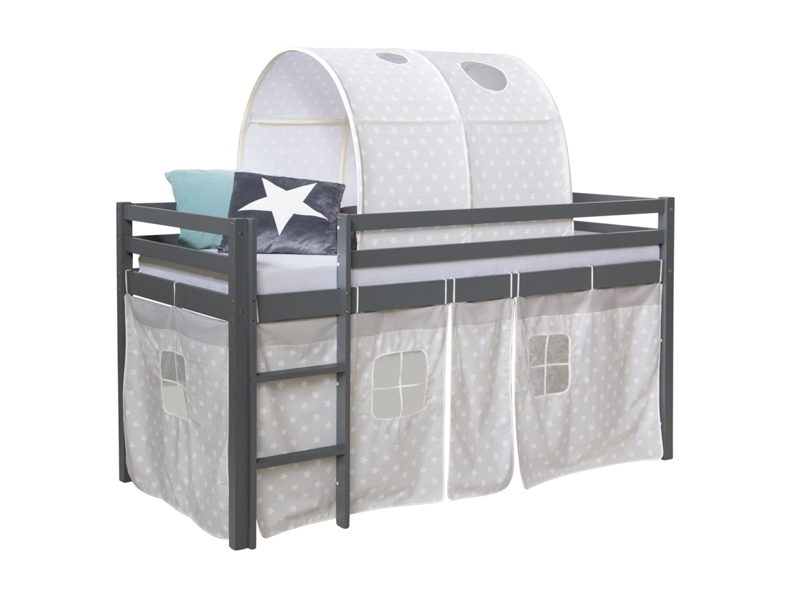 Cama Alta De 90x200cm Con Escalera De Madera Gris Tela Con Estampado De Estrellas Y Túnel Lit06178