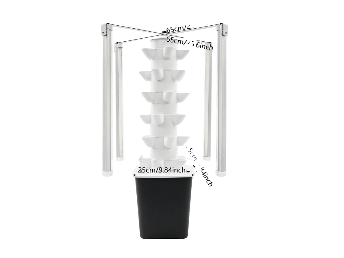 Torre de cultivo hidropónico, sistema de jardinería vertical, luces LED de cultivo, color negro.