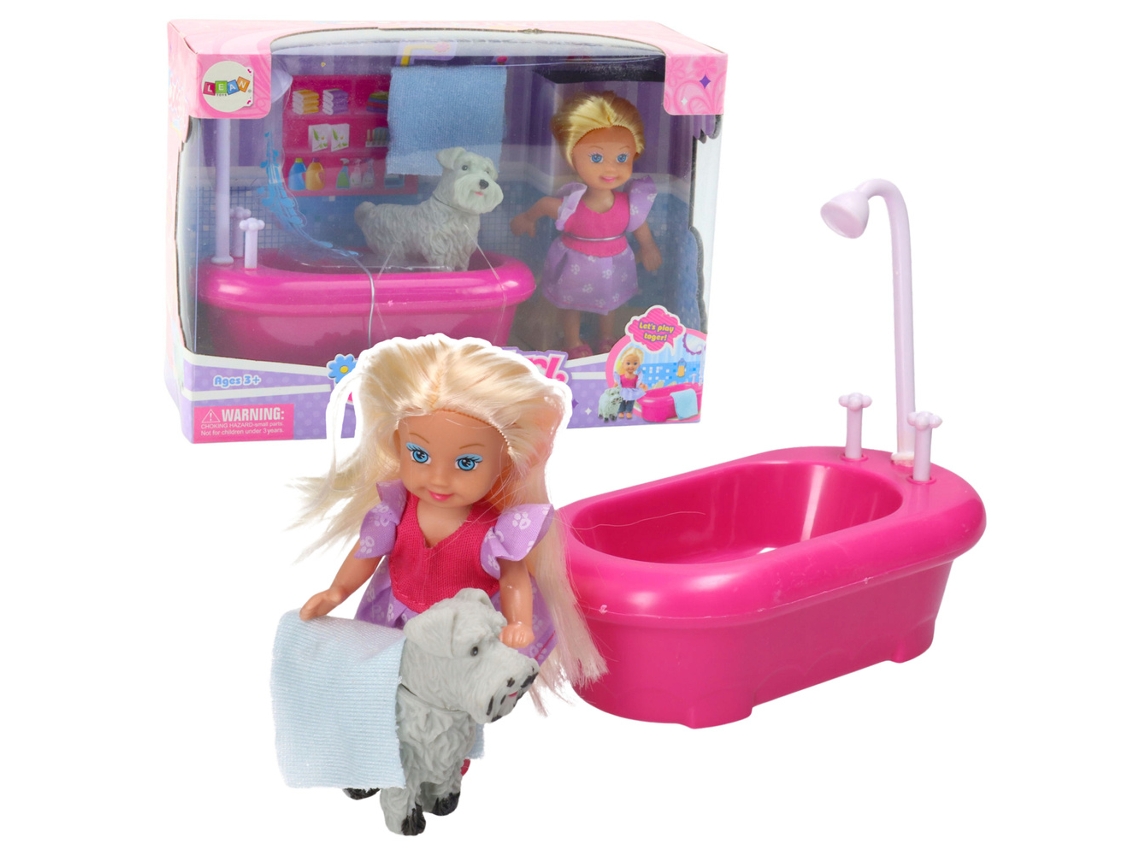 Mini muñeca con bañera y cachorro rosa y blanco B.active