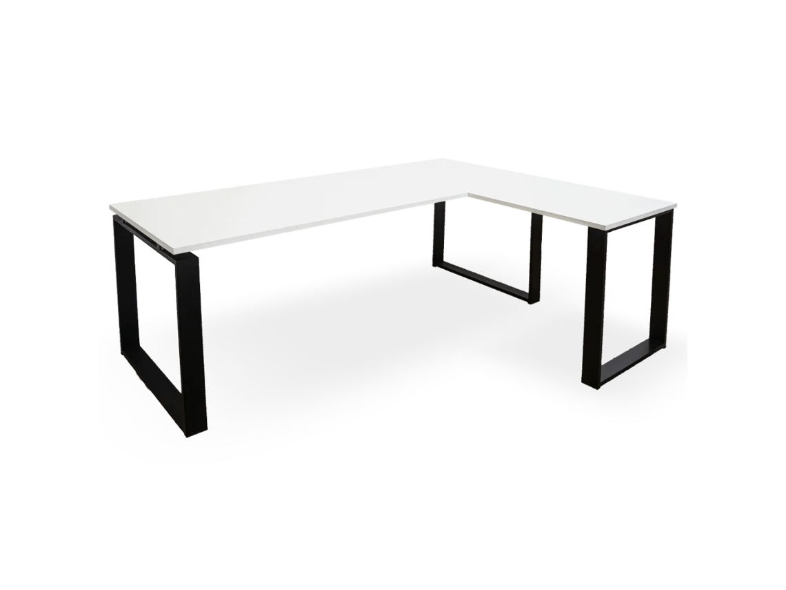 Escritorio esquinero con cajón a la derecha. Estructura metálica negra. 75 x 180 x 160 cm. Blanco. Ofilike.
