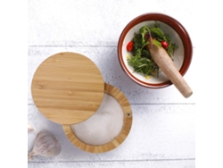 MEOIRUERY Elegante salero de bambú con tapa giratoria magnética, diseño de doble cámara para sales y especias gourmet, estilo ecológico para cocina y baño.