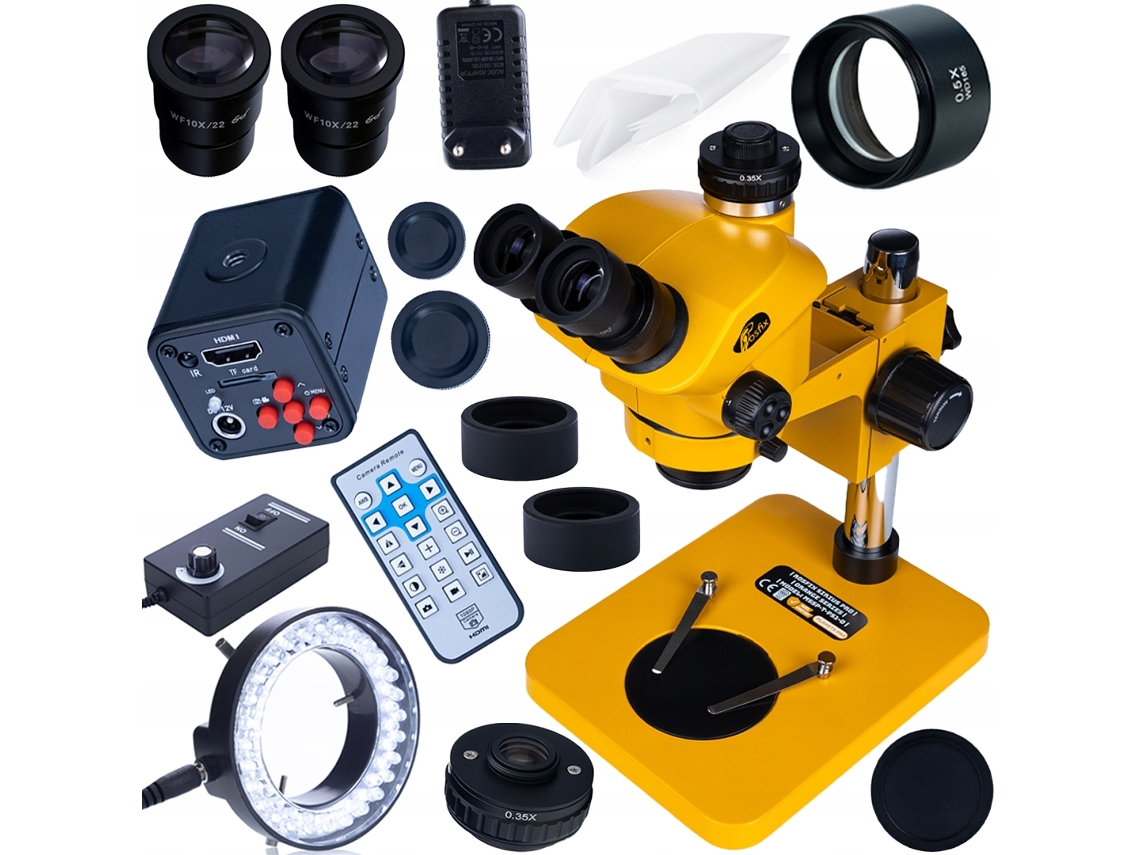 Microscopio trinocular de 7–50 aumentos y 102 mm con cámara HDMI 4K de 16 MP – Inspección electrónica | Lente Barlow de 0,5 aumentos | Iluminador LED