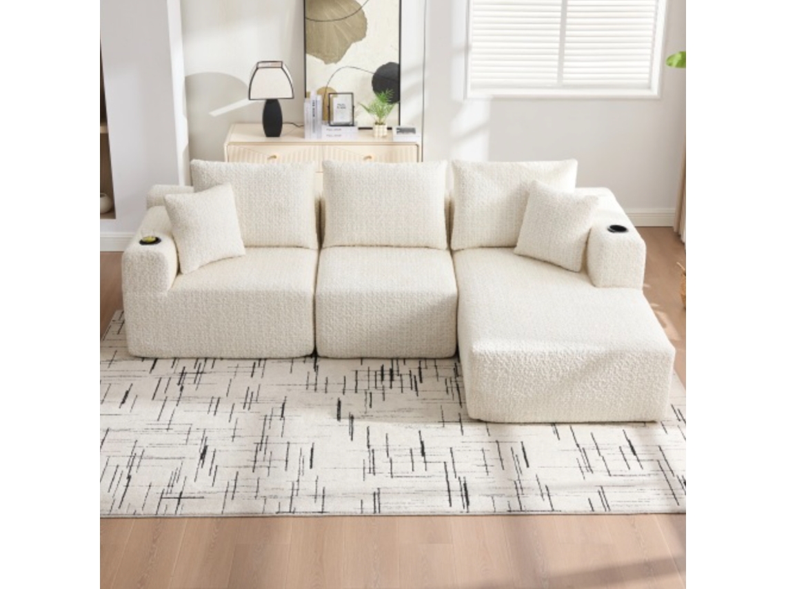 Sofá 3 Plazas 261×165 Cm - Memory Foam, Sin Patas, Chaise Longue L, Con Portavasos Y Bolsa - Beige