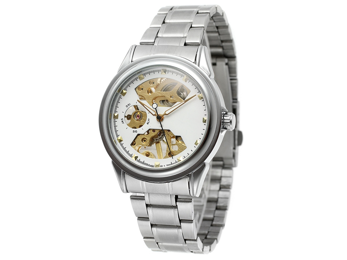 Reloj Mecánico Hombre Impermeable De Muñeca Con Esfera Blanca Y Caja Plata Winner