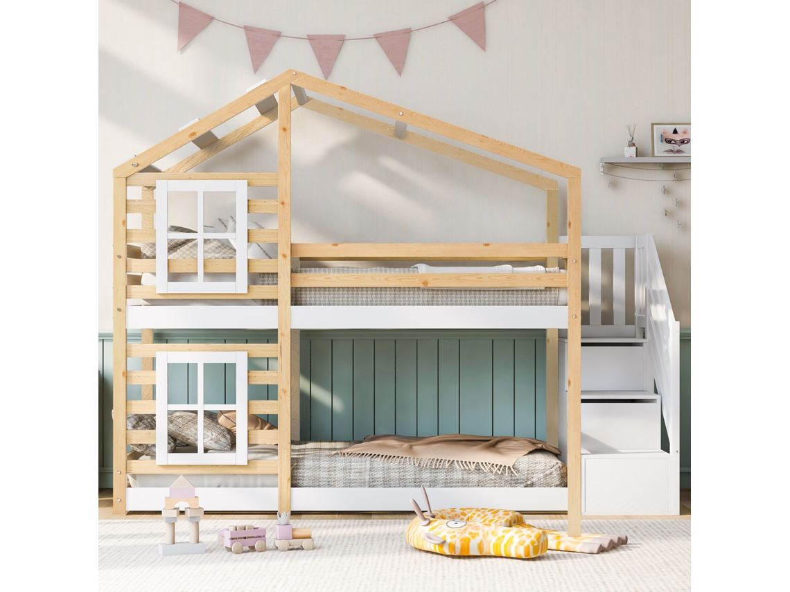 Cama Superpuesto 90x200 Cm, Cama Cabaña Con Ventanas, Escalera Con Almacenamiento, Protección Anticaldas, Blanco Y Madera Natural