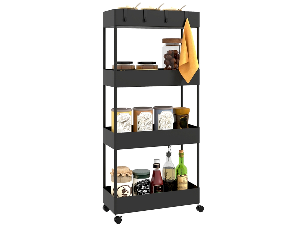 Carrito De Cocina Multiusos Con 4 Niveles, Ruedas, Cestas, Ganchos Y Organizador - Color Negro.