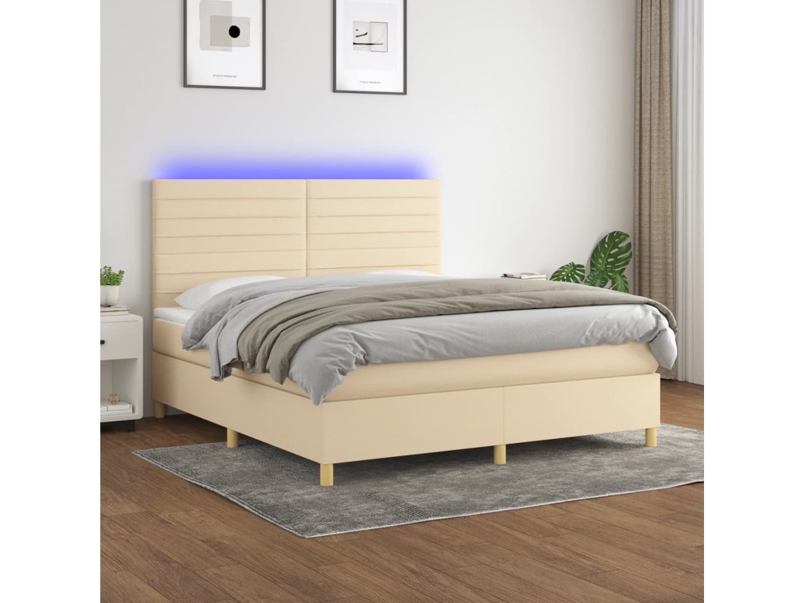 Cama Box Spring Colchón Y Luces Led Tela Crema 160x200 Cm