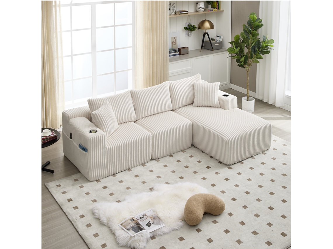 Sofá Modular 3 Plazas - Con Chaiselongue, 5 Cojines, Bolsillos Laterales - Beige
