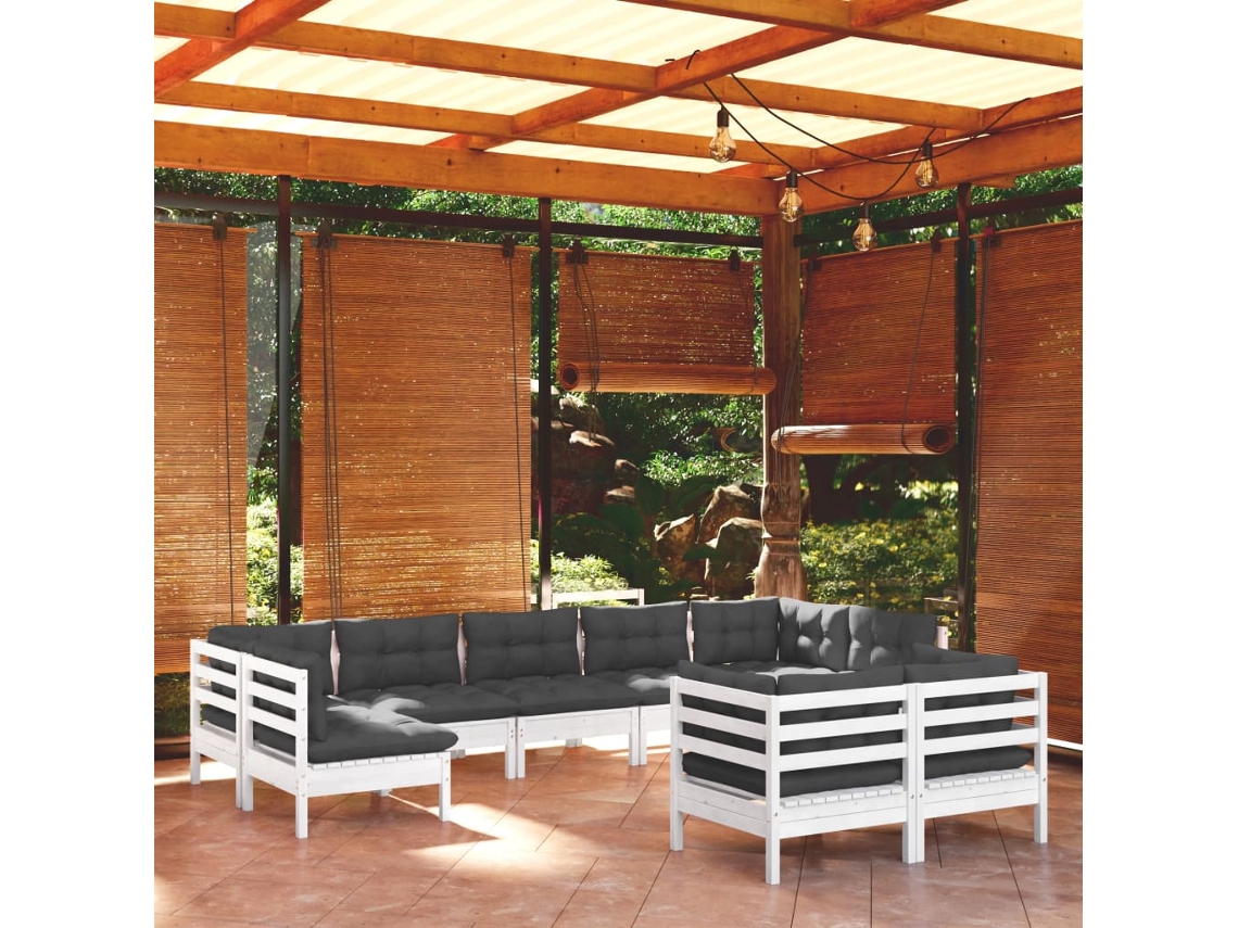 9 unidades Conjunto. Lounge De Jardim C/ Almofadões Pinho Maciço Branco Dkd Decoración Del Hogar