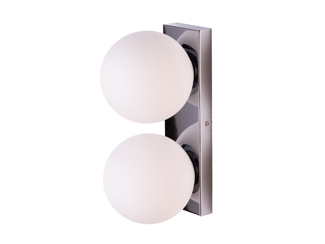 Aplique de pared Bolonia con dos esferas de cristal esmerilado y base rectangular cromada, E27 Alpinaluz