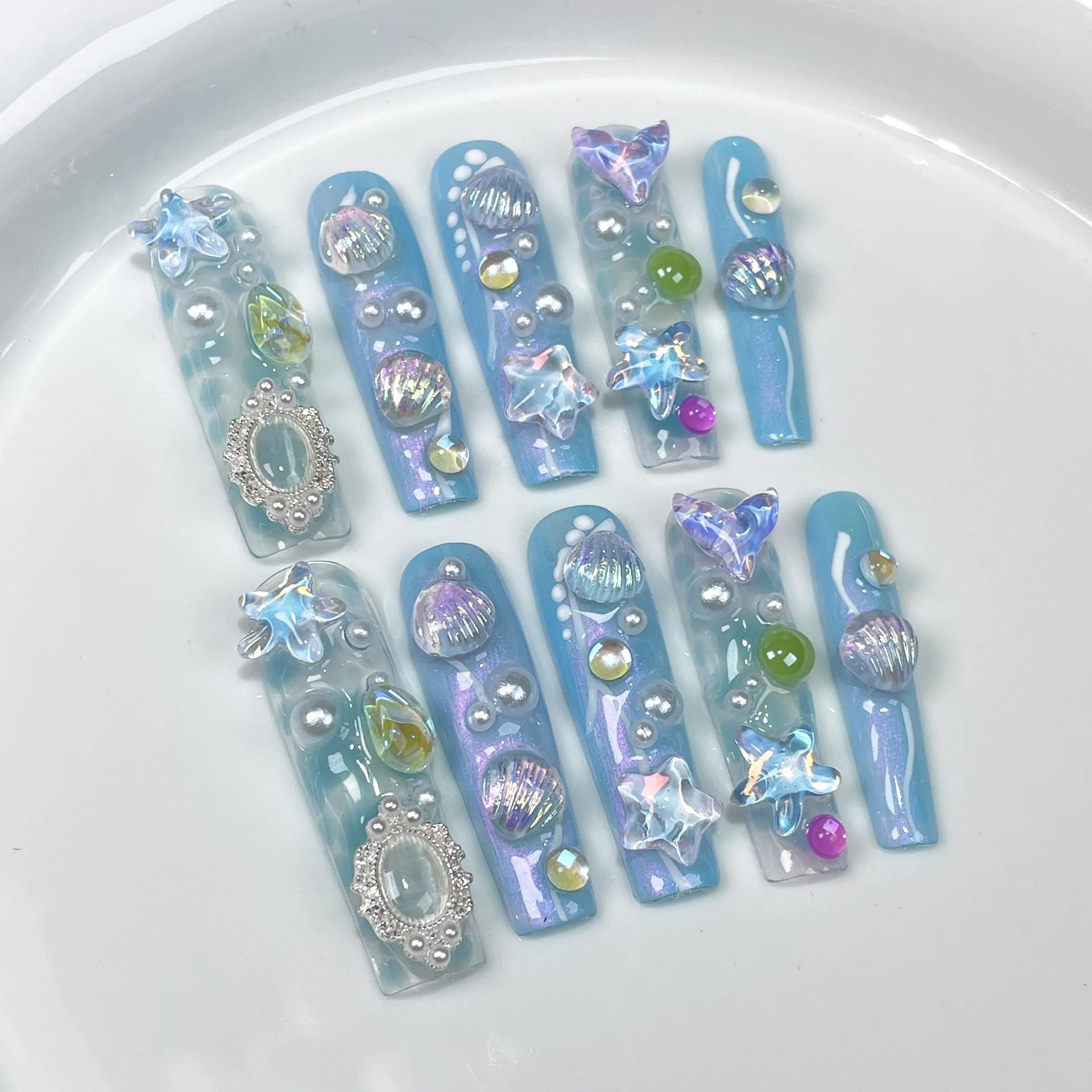 (453-s) 10 Uñas Postizas Rectangulares Hechas A Mano, De Tipo A Presión.
