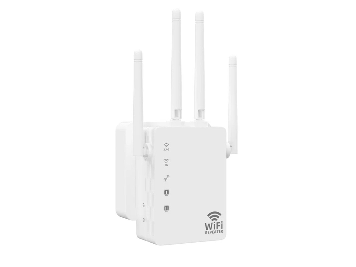 Extensor de Wi-Fi de banda dual 5G, 1200 Mbps, amplificador de largo alcance, cobertura de hasta 8500 pies cuadrados y 40 dispositivos.