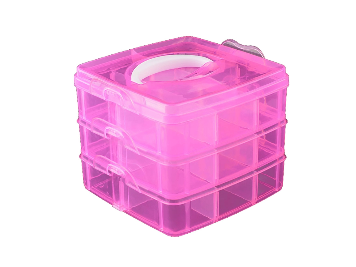 Caja de almacenamiento portátil de plástico de 3 niveles, organizador rosa para maquillaje y joyas.