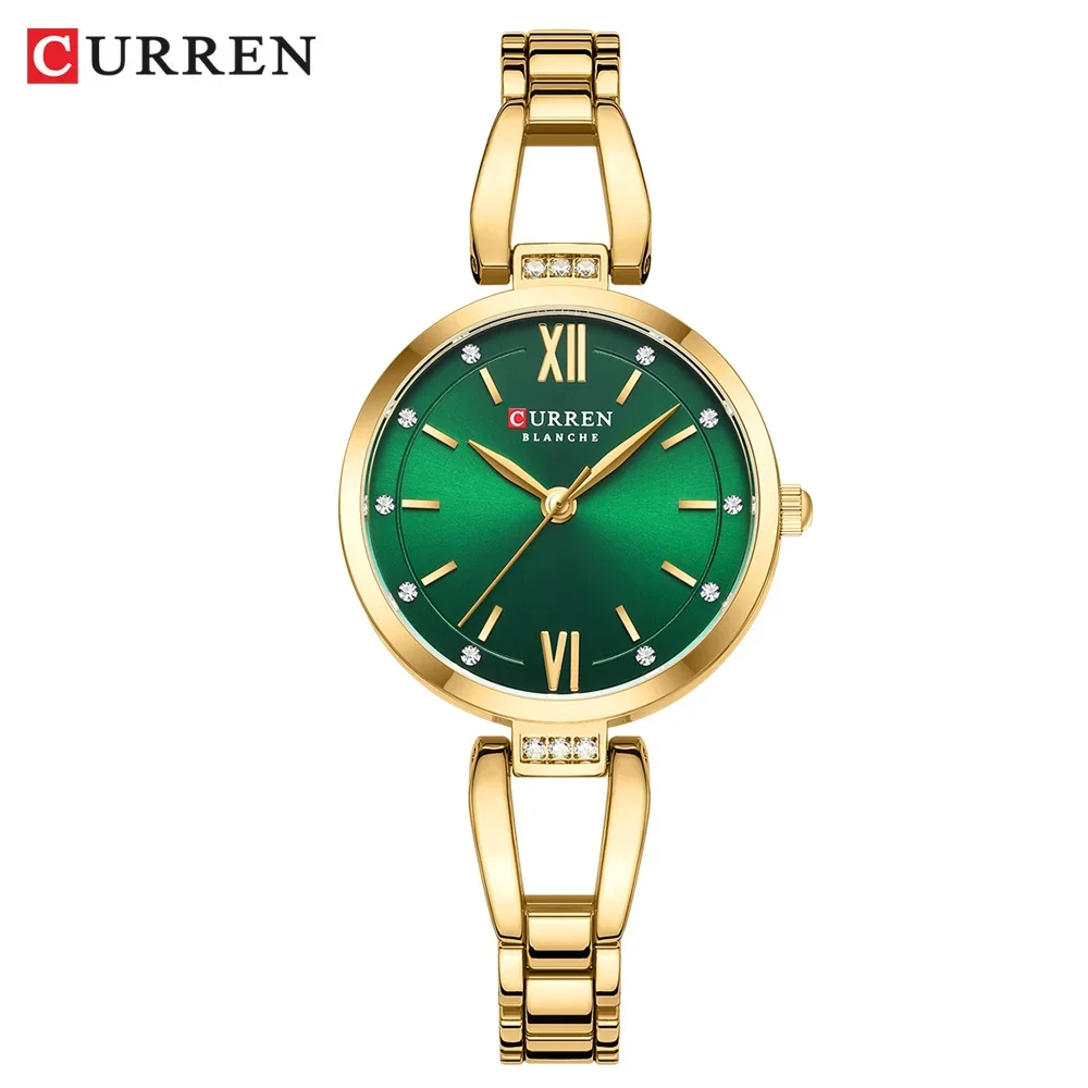 Relógio Feminino (dourado E Verde), Cravejado Com Strass Brilhantes, Pulseira Simples Em Aço Inoxidável.