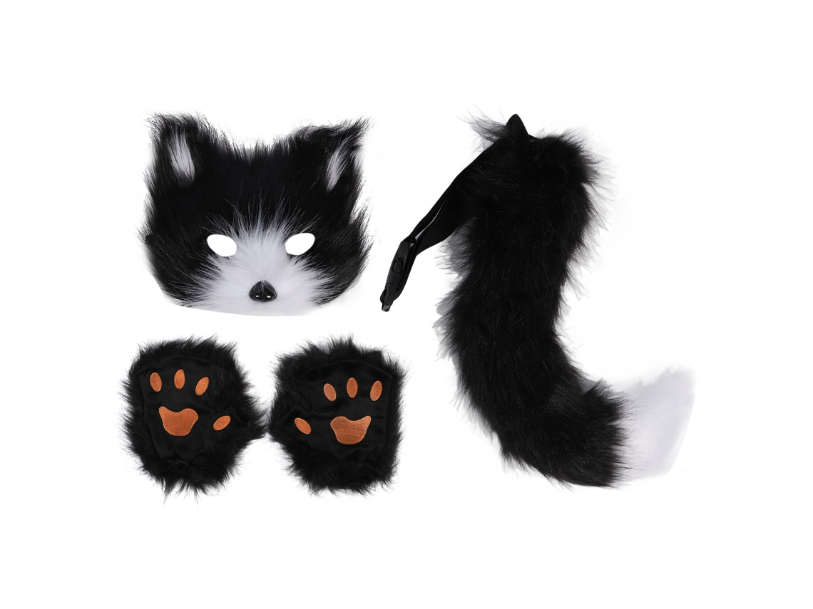Set Fox Cara Guantes Cola Peluche Suave Faux Fur Accesorios Disfraz Cosplay Mujeres Niñas Negro Blanco