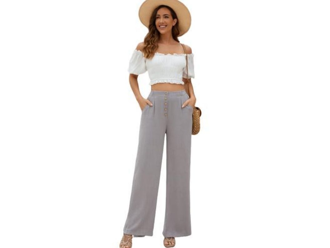 2026-pantalones Anchos De Algodón Y Lino Para Mujer Alto Talle Con Botones Y Bolsillos Verano Xl Gris