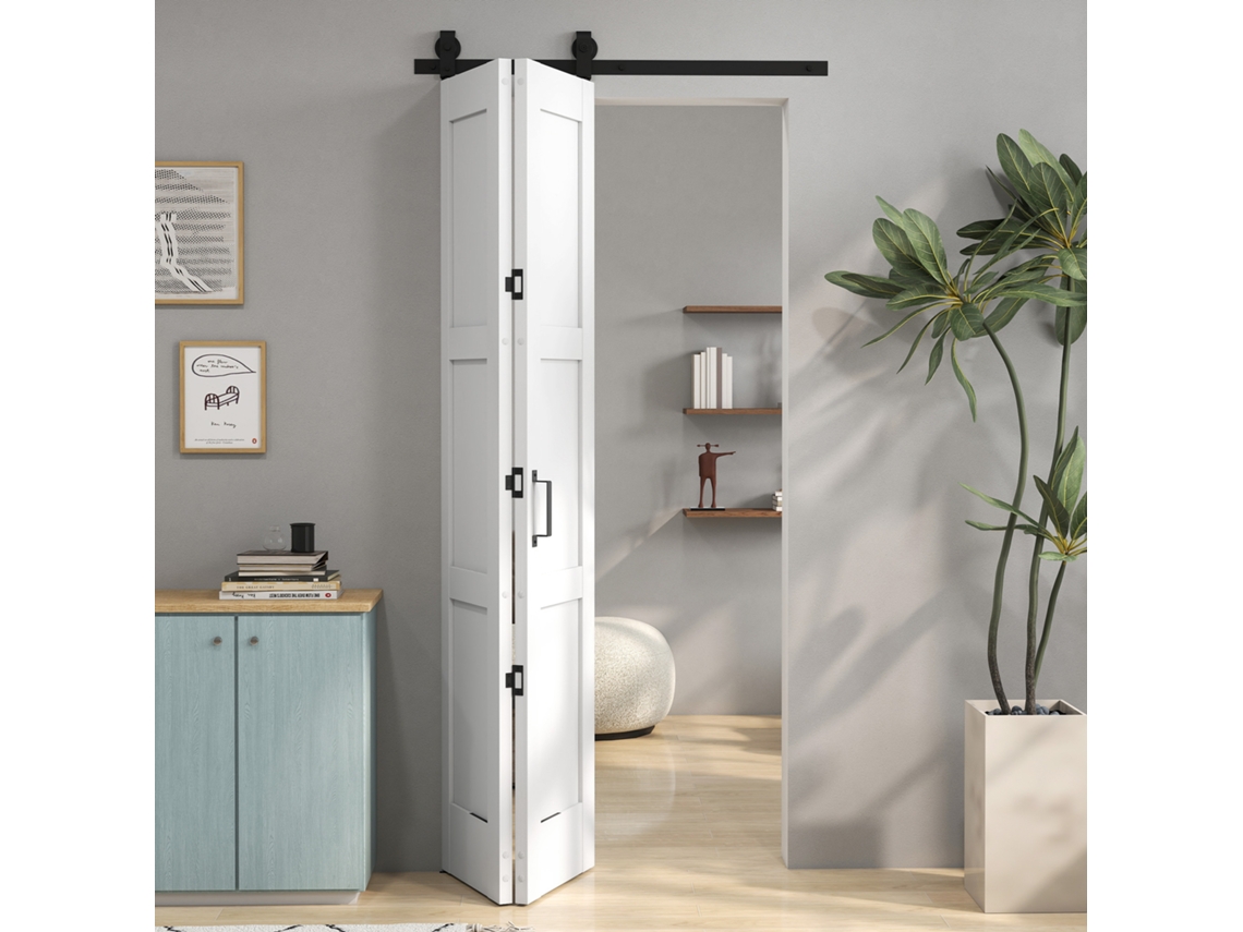 Puerta Corredera Plegable Con Herrajes, 91,4 X 213,4 Cm, Riel De Acero, Guía De Suelo Blanca.