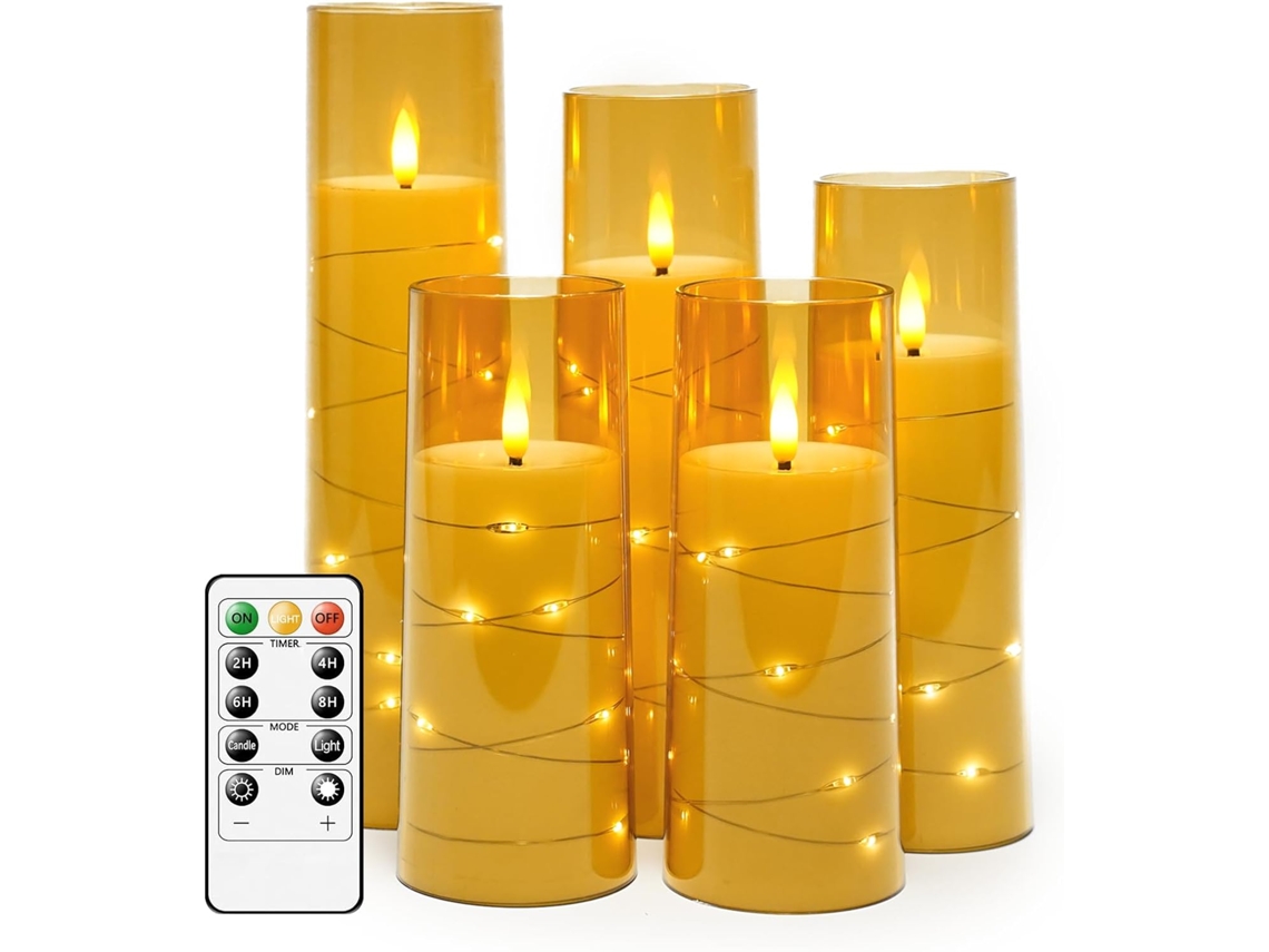 Velas LED sin llama con temporizador, a pilas, para ambientes románticos y decoración del hogar, paquete de 5, doradas