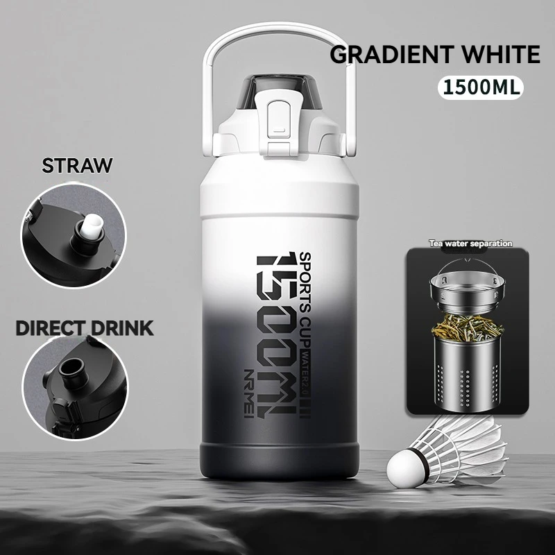 Botella térmica de acero inoxidable 316 (blanca, 1500 ml) con pajita y asa, gran capacidad.