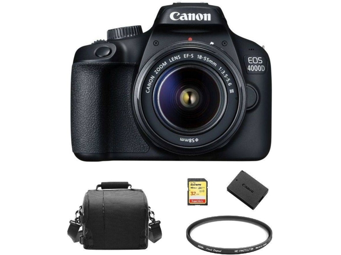 Kit Cámara Réflex CANON EOS 4000D EF-S 18-55MM F3.5-5.6 III + SD32GB + Bolsa + Bateria LP-E10 + Hoya 58mm PRO 1D Protector