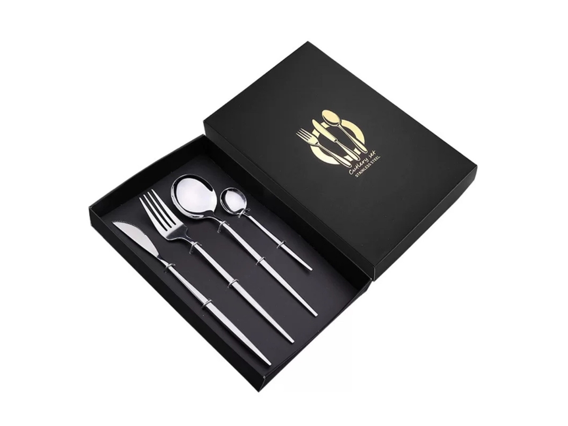 Juego de cubiertos de acero inoxidable MDUG con cuchillo, tenedor y cuchara (4 piezas, color plateado)