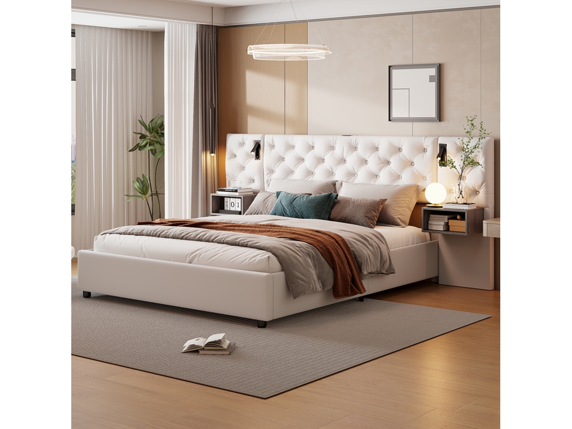 Cama Doble De 140 X 200 Cm, Tapizada, Con 2 Mesitas De Noche, Con Led Y Usb, Con Canapé Hidráulico, Terciopelo Beige.